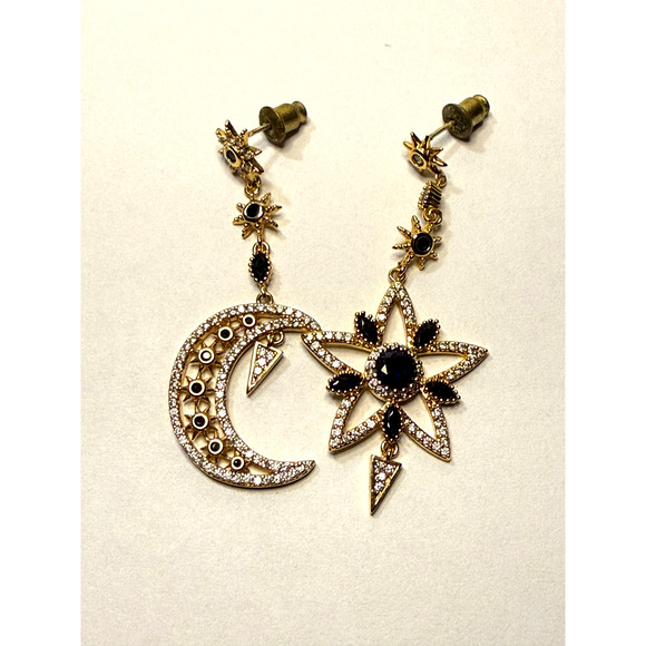 Star and Moon Eye Candy LA Luxe Collection 18K Gold Plated CZ Drop Earrings - Picture 3 of 6